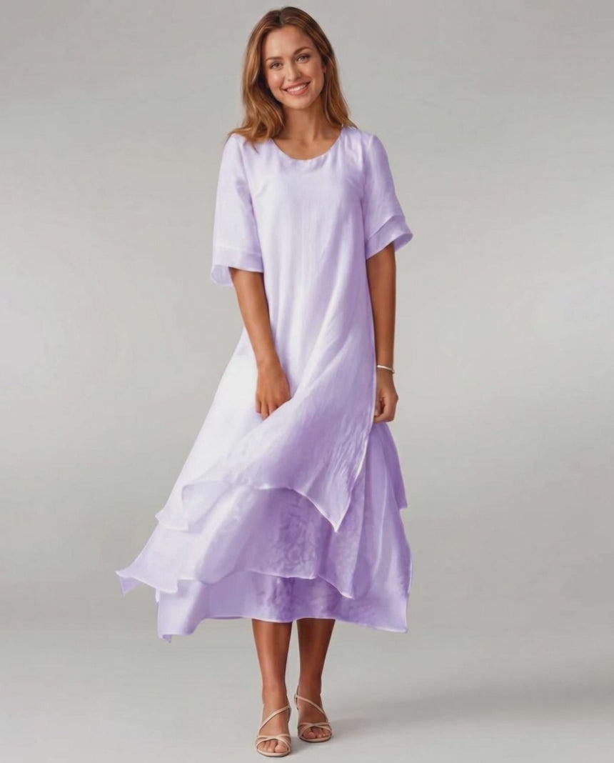Aurelia Midi Dress by Lauven — lightweight short sleeve round neck layered midi dress