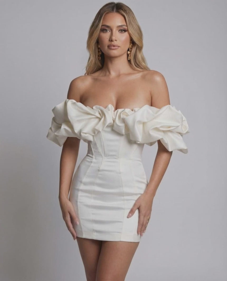Valencia Mini Dress - White satin off shoulder dress with ruffle detail, structured fit by Lauven.