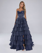 Seraphine Maxi Dress by Lauven — satin chiffon sleeveless sweetheart tiered A-line maxi dress