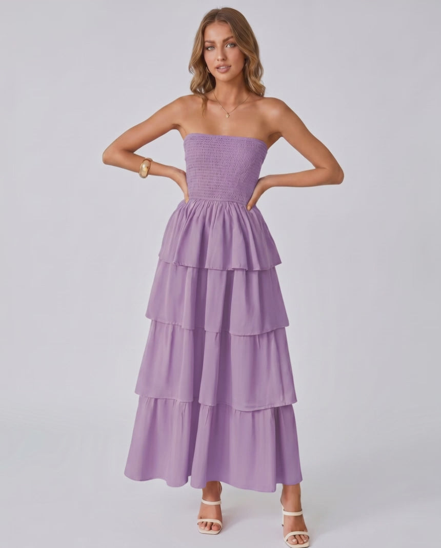 Solenne Maxi Dress by Lauven — lightweight sleeveless strapless tiered maxi dress