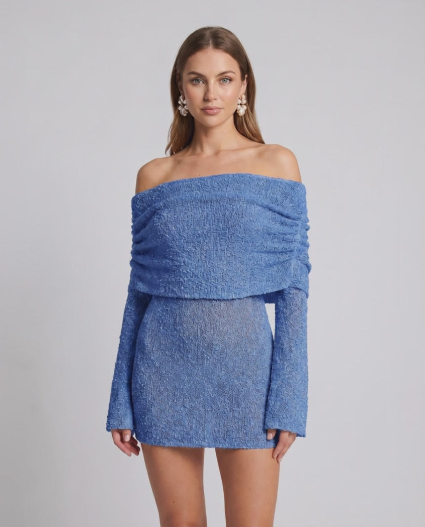 Elara Mini Dress by Lauven — textured knit long bell sleeve off-shoulder fitted mini dress