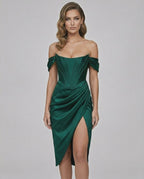 Veloura Midi Dress - Green satin dress with strapless corset and high slit by Lauven, showcasing modern elegance and femininity.