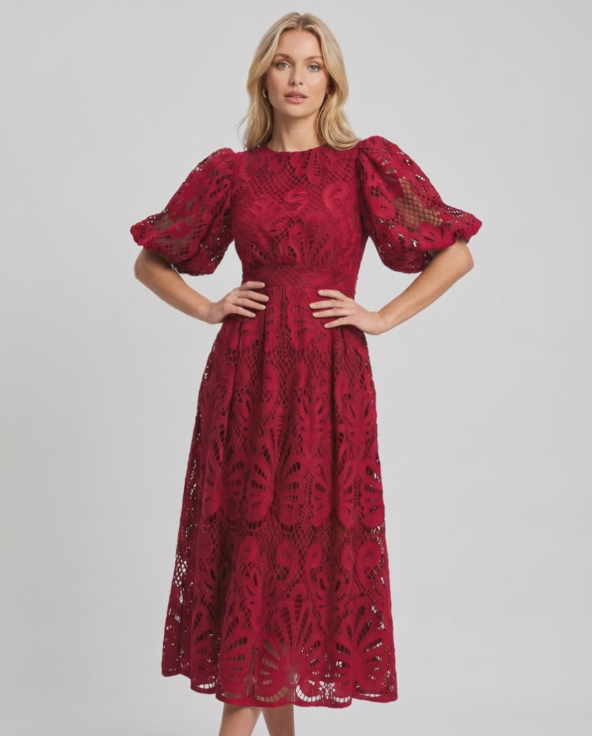 Valmere Midi Dress by Lauven — lace bubble sleeve round neck A-line midi dress