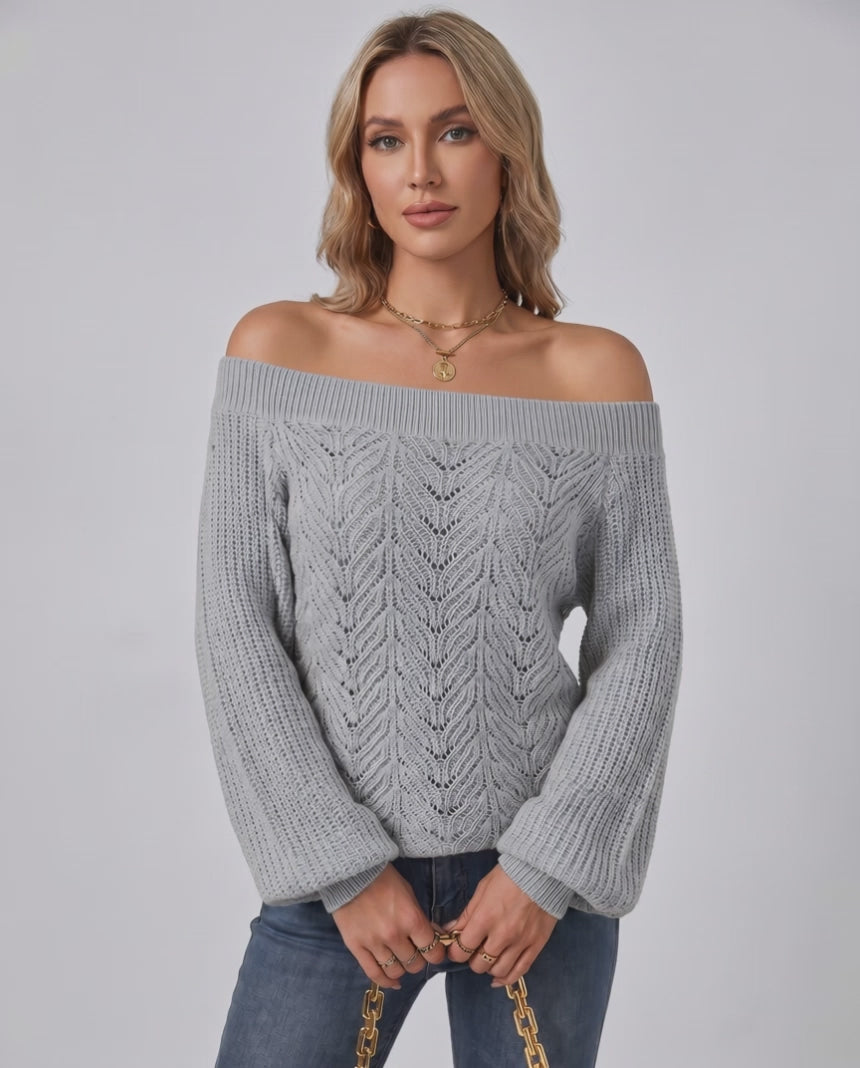 Veloura Sweater by Lauven — women’s off shoulder knit sweater with lantern sleeves and hollow knit texture