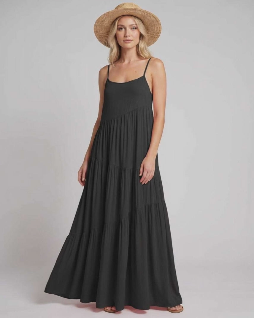 Solenne Maxi Dress by Lauven — rayon blend sleeveless scoop neck tiered A-line maxi dress