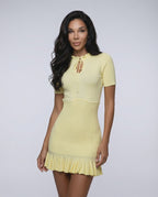 Elara Mini Dress - light yellow ribbed knit A-line with ruffle hem, modern femininity by Lauven.