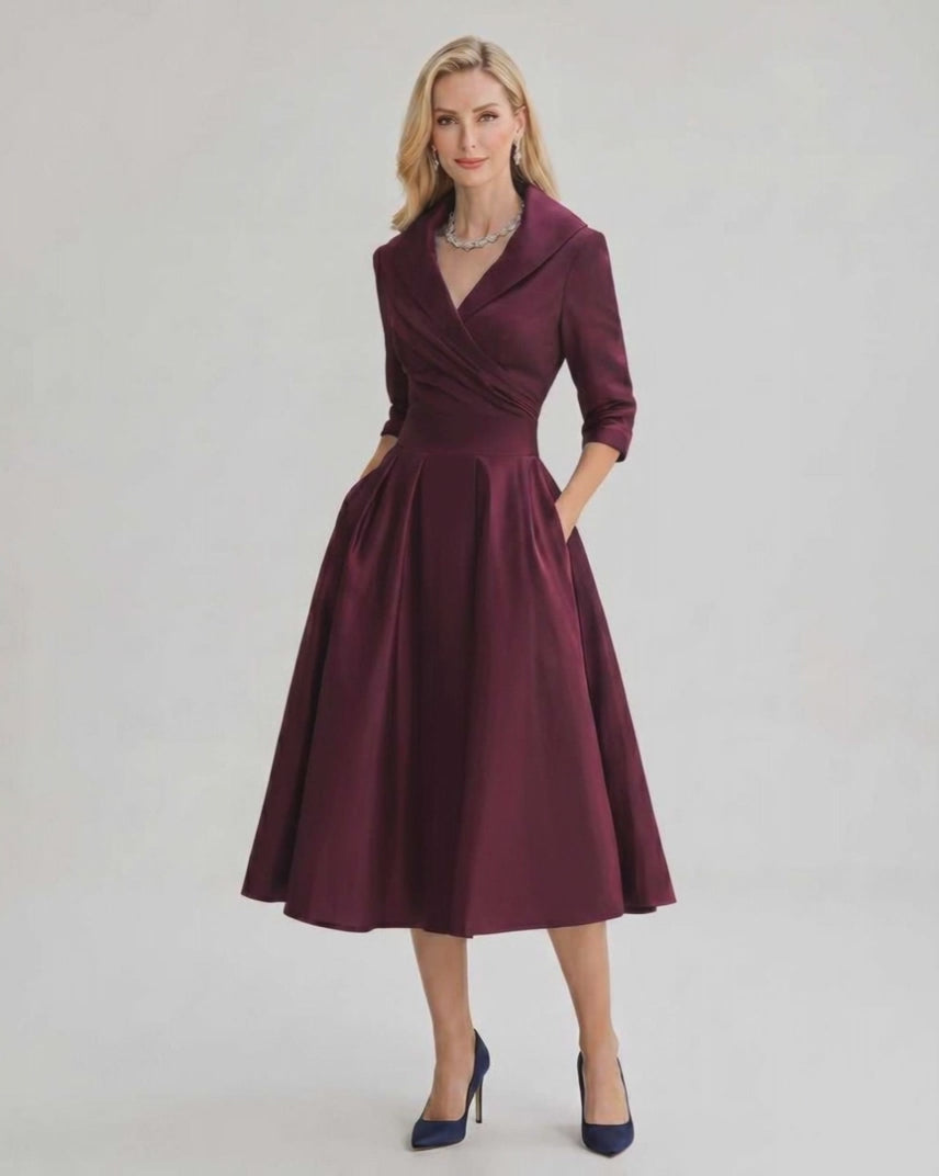 Serelune Midi Dress by Lauven — satin blend 3/4 sleeve V-neck A-line midi dress
