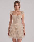 Celestia Mini Dress by Lauven — layered tulle sweetheart A-line mini dress with spaghetti straps
