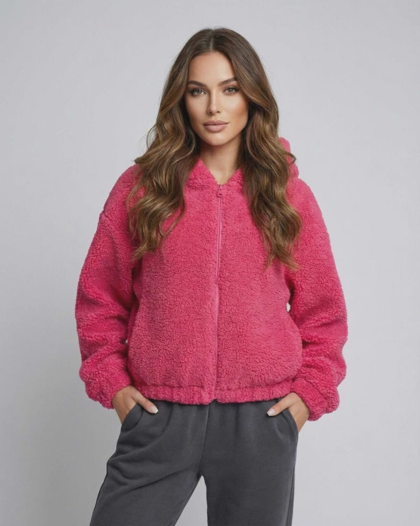 Berry Fleece Jacket by Lauven, women’s cozy pink teddy zip-up jacket with hood.