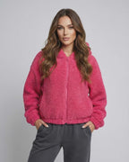 Berry Fleece Jacket by Lauven, women’s cozy pink teddy zip-up jacket with hood.
