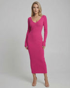 Verena Midi Dress in pink ribbed knit with V-neck, long sleeves for comfort and style by Lauven.