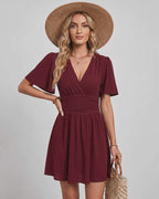 Calista Mini Dress by Lauven — chiffon ruffled short sleeve V-neck A-line mini dress