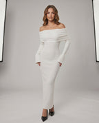 Velora Maxi Dress by Lauven — ribbed knit long sleeve off-shoulder bodycon maxi dress