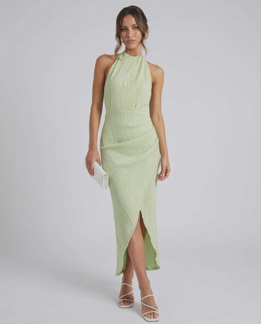 Lauven Sylva Midi Dress features split pleated neckline and slim maxi silhouette, perfect for special occasions.