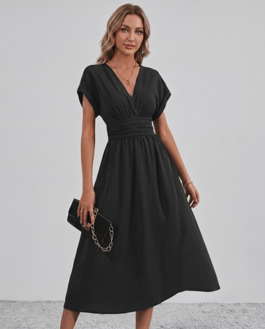 Aurea Midi Dress by Lauven — lightweight woven batwing sleeve V-neck A-line midi dress