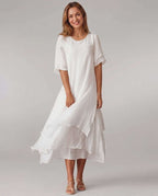 Aurelia Midi Dress by Lauven — lightweight short sleeve round neck layered midi dress