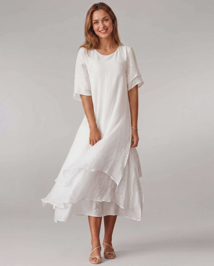 Aurelia Midi Dress by Lauven — lightweight short sleeve round neck layered midi dress