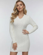 Celeste Mini Dress by Lauven - Elegant cable knit v-neck dress in ivory with elastic waist and long sleeves.