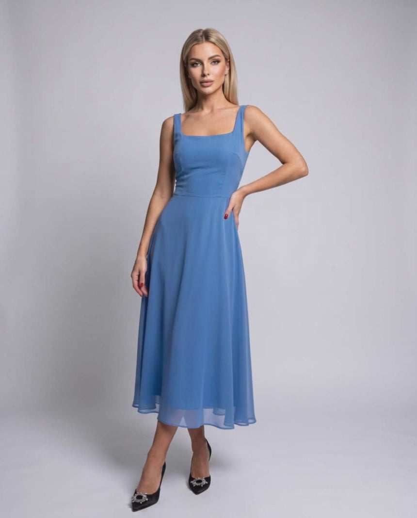 Lunara Midi Dress by Lauven — lightweight chiffon sleeveless square neck A-line midi dress
