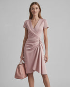 Veloura Midi Dress by Lauven — satin blend short sleeve V-neck wrap midi dress