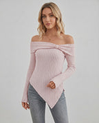 Veloura Long Sleeve Top by Lauven — women’s ribbed off shoulder long sleeve top with asymmetrical hem