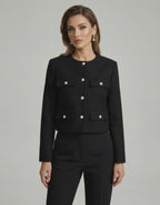Noir Jacket by Lauven featuring a classic black wool blend with gold button details, tailored fit for women's fashion.