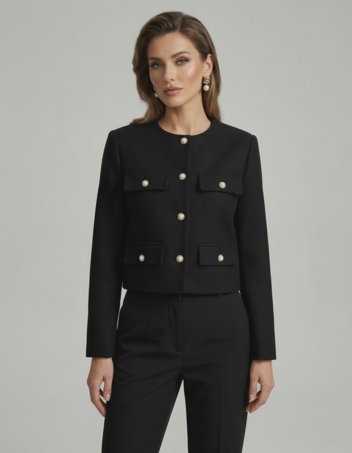 Noir Jacket by Lauven featuring a classic black wool blend with gold button details, tailored fit for women's fashion.