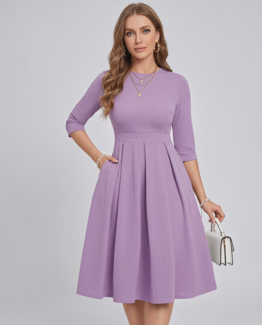 Aurielle Midi Dress by Lauven — polyester blend 3/4 sleeve crew neck A-line midi dress
