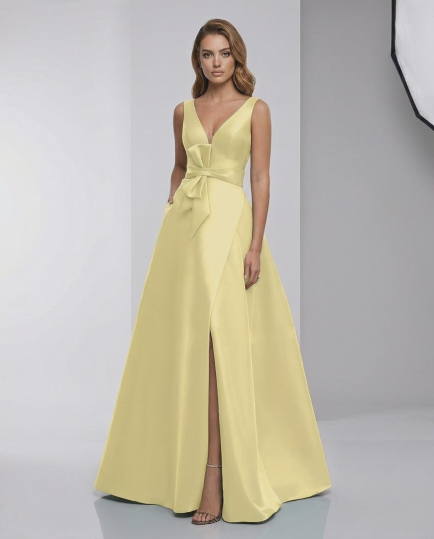 Lumia Maxi Dress – Satin A-Line V-Neck yellow evening dress by Lauven, featuring a graceful silhouette and elegant style.