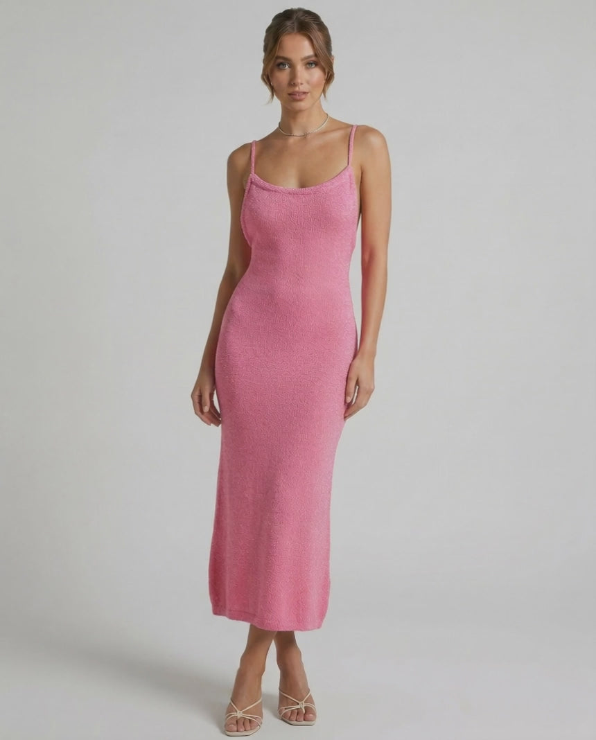 Rosalia Midi Dress by Lauven - Pink Spaghetti Strap Midi Dress showcasing a flattering slim silhouette.