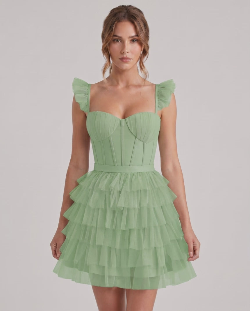 Celestia Mini Dress by Lauven — layered tulle sweetheart A-line mini dress with spaghetti straps