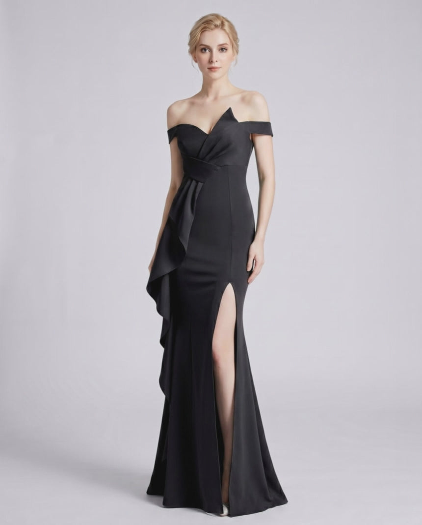 Veloura Maxi Dress by Lauven — polyester spandex off-the-shoulder mermaid maxi dress with slit