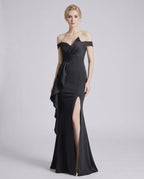 Veloura Maxi Dress by Lauven — polyester spandex off-the-shoulder mermaid maxi dress with slit