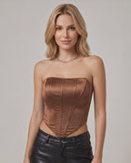 Veloura Corset Top by Lauven — women’s satin corset top strapless tube crop top with structured panel design