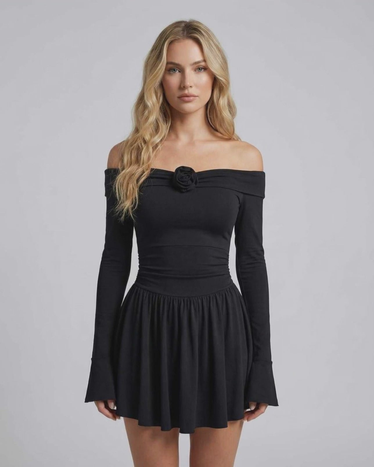 Lauven Luna Mini Dress featuring off-shoulder floral detail and flattering fit, perfect for evening wear.