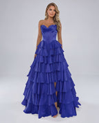 Seraphine Maxi Dress by Lauven — satin chiffon sleeveless sweetheart tiered A-line maxi dress