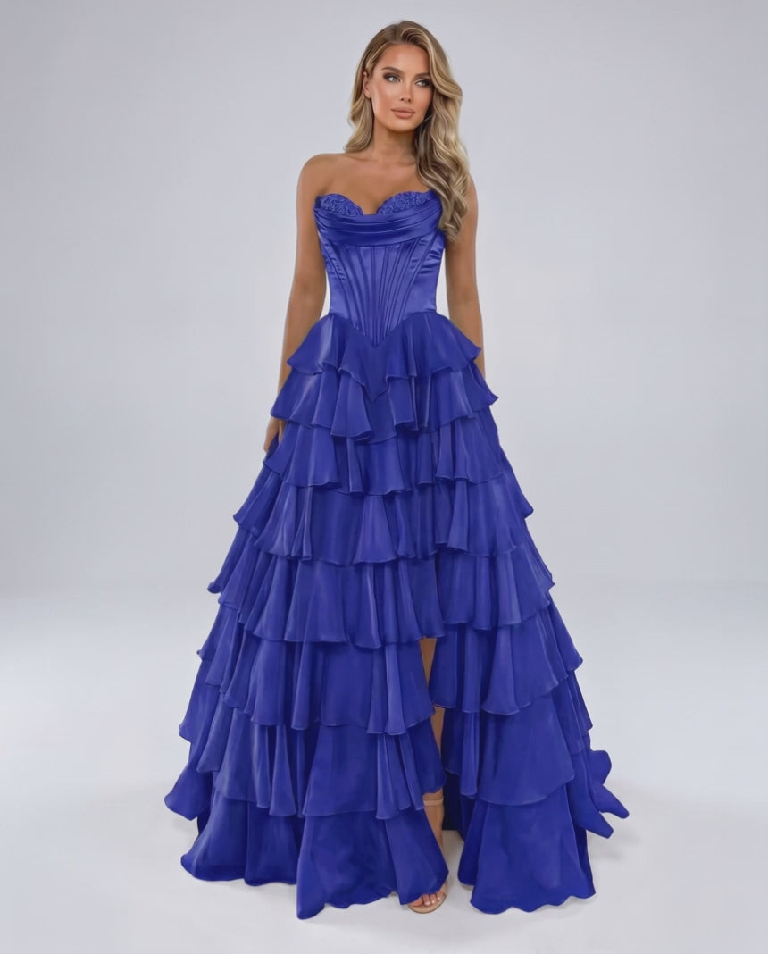 Seraphine Maxi Dress by Lauven — satin chiffon sleeveless sweetheart tiered A-line maxi dress