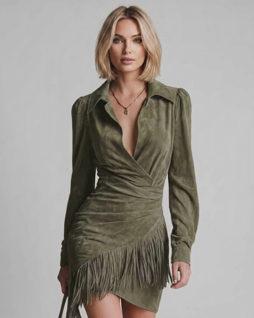 Veloura Mini Dress by Lauven — suede leather long sleeve turn-down collar ruched mini dress