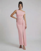 Velina Maxi Dress in pink with one shoulder design, ruched high waist, and elegant bodycon silhouette by Lauven.
