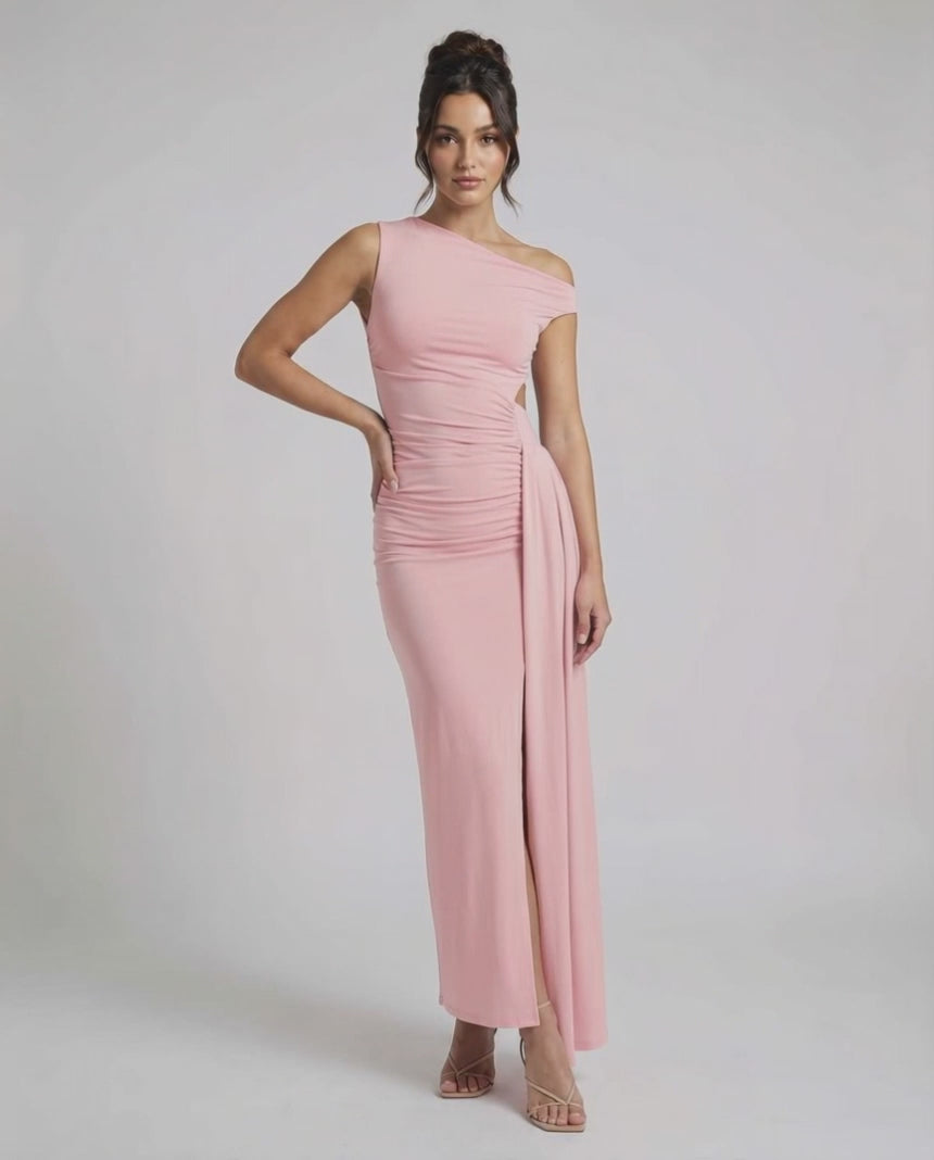 Velina Maxi Dress in pink with one shoulder design, ruched high waist, and elegant bodycon silhouette by Lauven.