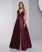 Verona Maxi Dress - Burgundy Satin A-Line V-Neck Evening Dress by Lauven, refined elegance with a deep V-neckline.