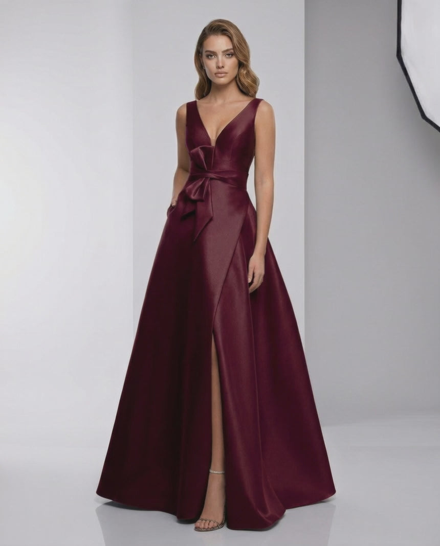 Verona Maxi Dress - Burgundy Satin A-Line V-Neck Evening Dress by Lauven, refined elegance with a deep V-neckline.