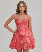 Veloura Mini Dress by Lauven — lace appliqué strapless sweetheart tiered mini dress
