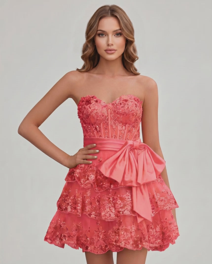 Veloura Mini Dress by Lauven — lace appliqué strapless sweetheart tiered mini dress