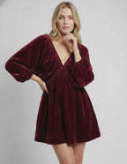 Valencia Mini Dress by Lauven, burgundy velvet, long sleeve, V neck, elegant and refined look.
