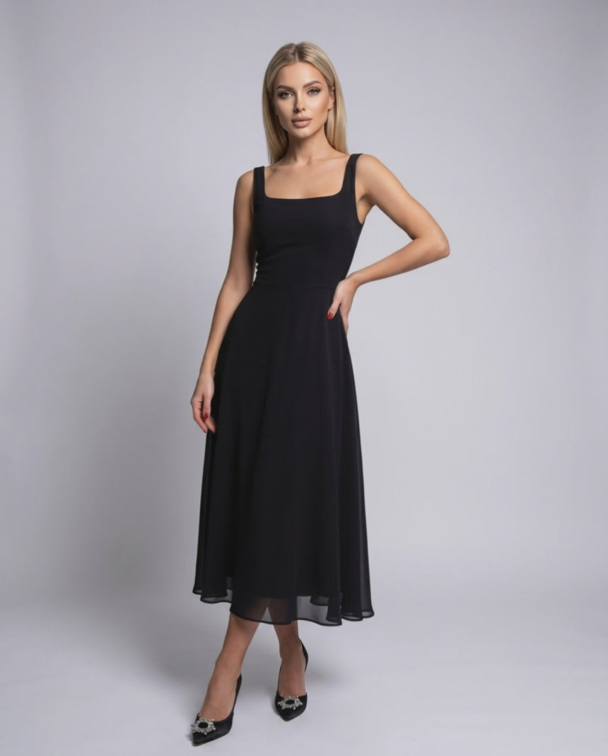 Lunara Midi Dress by Lauven — lightweight chiffon sleeveless square neck A-line midi dress