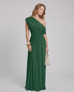 Veloura Maxi Dress by Lauven — stretch jersey sleeveless one-shoulder draped maxi dress