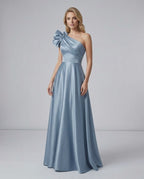 Aurevina Maxi Dress by Lauven — satin one shoulder A-line maxi dress with ruffle detail