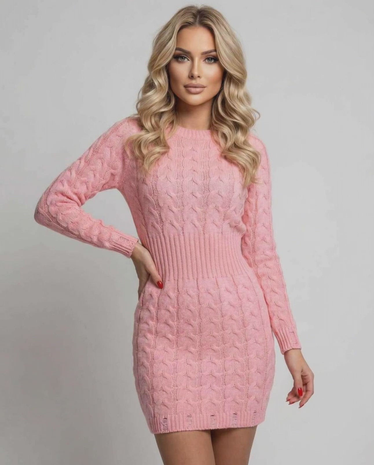 Azalea Mini Dress by Lauven in soft pink with a twisted knit texture and flattering sheath silhouette.