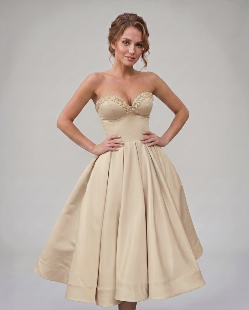 Veloura Midi Dress by Lauven — satin strapless sweetheart A-line midi dress